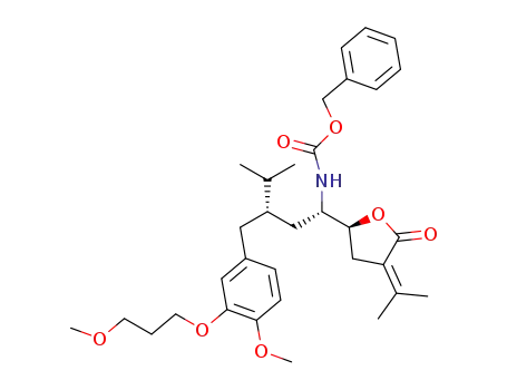 Molecular Structure of 900811-49-6 ({(1S,3S)-1-((S)-4-Isopropylidene-5-oxo-tetrahydro-furan-2-yl)-3-[4-methoxy-3-(3-methoxy-propoxy)-benzyl]-4-methyl-pentyl}-carbamic acid benzyl ester)