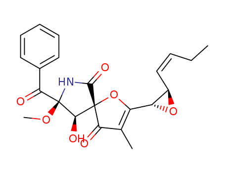 127941-81-5,Synerazol,1-Oxa-7-azaspiro[4.4]non-2-ene-4,6-dione,8-benzoyl-2-[(2S,3R)-3-(1Z)-1-butenyloxiranyl]-9-hydroxy-8-methoxy-3-methyl-,(5S,8S,9R)- (9CI); Synerazol