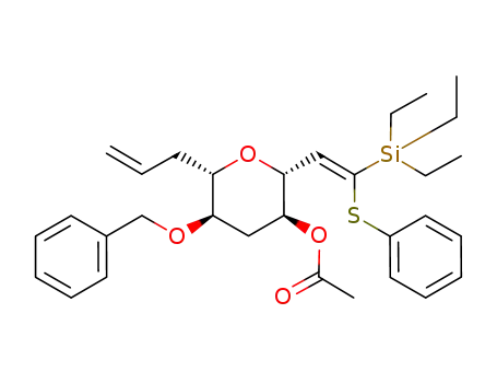 Molecular Structure of 617673-36-6 (Acetic acid (2R,3S,5R,6S)-6-allyl-5-benzyloxy-2-((Z)-2-phenylsulfanyl-2-triethylsilanyl-vinyl)-tetrahydro-pyran-3-yl ester)