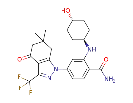 Molecular Structure of 908112-43-6 (4-(6,6-dimethyl-4-oxo-3-(trifluoromethyl)-4,5,6,7-tetrahydro-1H-indazol-1-yl)-2-((1r,4r)-4-hydroxycyclohexylamino)benzamide)