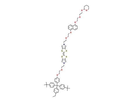 Molecular Structure of 813439-58-6 (5H-1,3-Dithiolo[4,5-c]pyrrole,
2-[5-[2-[2-[4-[bis[4-(1,1-dimethylethyl)phenyl](4-ethylphenyl)methyl]phen
oxy]ethoxy]ethyl]-5H-1,3-dithiolo[4,5-c]pyrrol-2-ylidene]-5-[2-[2-[[5-[2-[2-[
(tetrahydro-2H-pyran-2-yl)oxy]ethoxy]ethoxy]-1-naphthalenyl]oxy]ethoxy]
ethyl]-)
