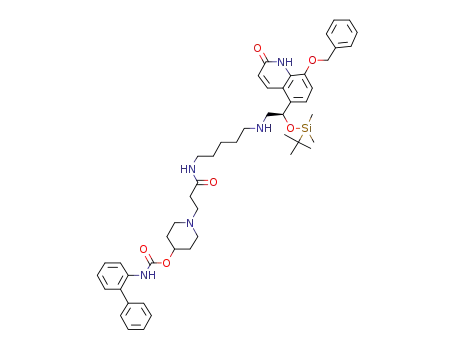 Molecular Structure of 743460-39-1 (biphenyl-2-ylcarbamic Acid 1-(2-{5-[(R)-2-(8-Benzyloxy-2-oxo-1,2-dihydroquinolin-5-yl)-2-(tert-butyldimethylsilanyloxy)ethylamino]pentylcarbamoyl}ethyl)piperidin-4-yl Ester)