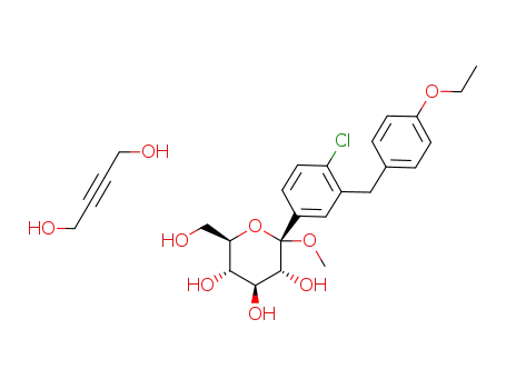Molecular Structure of 960404-59-5 (α-D-Glucopyranoside, methyl 1-C-[4-chloro-3-[(4-ethoxyphenyl)methyl]phenyl]-, compd. with 2-butyne-1,4-diol (1:1))