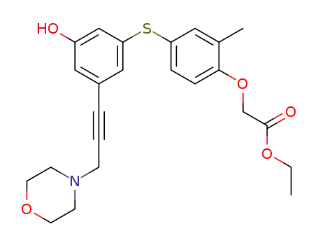 Molecular Structure of 918904-14-0 (Acetic acid,
2-[4-[[3-hydroxy-5-[3-(4-morpholinyl)-1-propyn-1-yl]phenyl]thio]-2-methyl
phenoxy]-, ethyl ester)