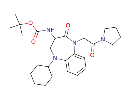 Molecular Structure of 209222-91-3 (1-(pyrrolidin-1-ylcarbonylmethyl)-2-oxo-3-(N-tert-butoxycarbonyl)amino-5-cyclohexyl-1,3,4,5-tetrahydro-2H-1,5-benzodiazepine)