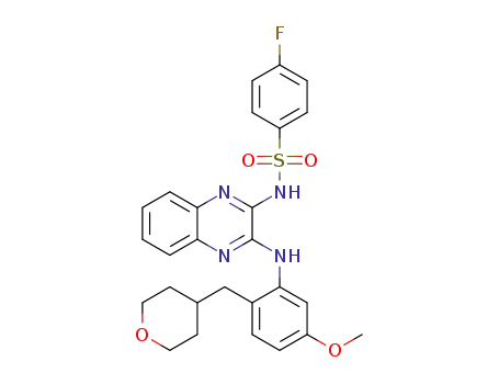 Molecular Structure of 1050514-78-7 (4-fluoro-N-(3-{[5-methoxy-2-(tetrahydro-2H-pyran-4-ylmethyl)phenyl]amino}quinoxalin-2-yl)benzenesulfonamide)