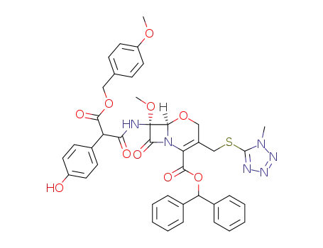 Molecular Structure of 70653-54-2 (benzhydryl 7-[[2-(4-hydroxyphenyl)-3-(4-methoxybenzyloxy)-3-oxopropionyl]amino]-7-methoxy-3-[[(1-methyl-1H-tetrazol-5-yl)thio]methyl]-8-oxo-5-oxa-1-azabicyclo[4.2.0]oct-2-ene-2-carboxylate)