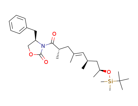 Molecular Structure of 156659-93-7 (2-Oxazolidinone,
3-[(2S,4E,6R,8S)-8-[[(1,1-dimethylethyl)dimethylsilyl]oxy]-2,4,6-trimethyl
-1-oxo-4-nonenyl]-4-(phenylmethyl)-, (4R)-)