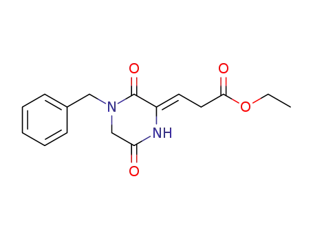 Molecular Structure of 88521-39-5 (Propanoic acid, 3-[3,6-dioxo-4-(phenylmethyl)piperazinylidene]-, ethyl
ester, (Z)-)