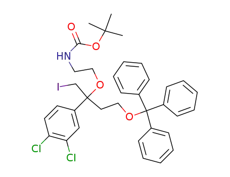 Molecular Structure of 265998-03-6 ({2-[1-(3,4-dichloro-phenyl)-1-iodomethyl-3-trityloxy-propoxy]-ethyl}-carbamic acid <i>tert</i>-butyl ester)