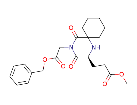 Molecular Structure of 1054660-71-7 (3-((S)-4-Benzyloxycarbonylmethyl-3,5-dioxo-1,4-diaza-spiro[5.5]undec-2-yl)-propionic acid methyl ester)