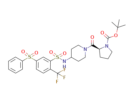 Molecular Structure of 915762-67-3 (1-Pyrrolidinecarboxylic acid, 2-[[4-[[[5-(phenylsulfonyl)-2-(trifluoromethyl)phenyl]sulfonyl]amino]-1-piperidinyl]carbonyl]-, 1,1-dimethylethyl ester, (2S)-)