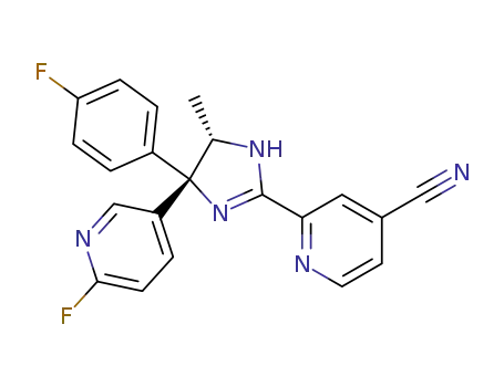 Molecular Structure of 357927-37-8 (4-Pyridinecarbonitrile, 2-[(4S,5S)-5-(4-fluorophenyl)-5-(6-fluoro-3-pyridinyl)-4,5-dihydro-4-methyl-1H-imidazol-2-yl]-)
