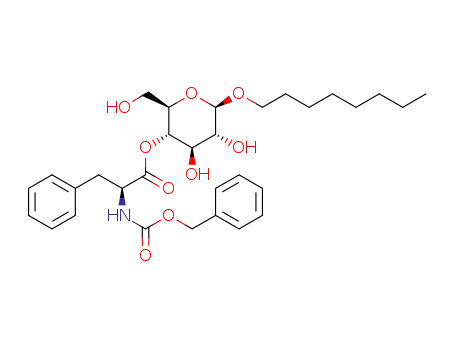 Molecular Structure of 1194234-22-4 (octyl 4-O-((S)-2-benzyloxycarbonylamino-3-phenylpropanoyl)-β-D-glucopyranoside)