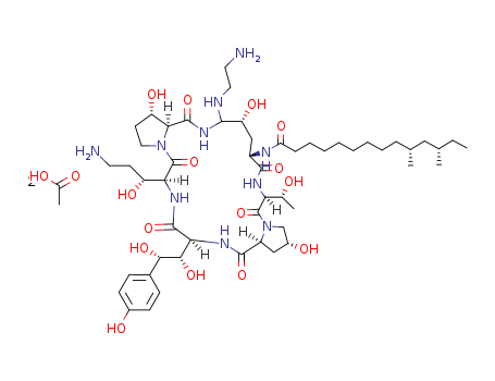 179463-17-3,Cancidas,MK 0991;Pneumocandin B0,1-[(4R,5S)-5-[(2- aminoethyl)amino]-N2-(10,12-dimethyl-1- oxotetradecyl)-4-hydroxy-L-ornithine]-5- [(3R)-3-hydroxy-L-ornithine]-,diacetate (salt);Caspofungin Acetate [USAN];Caspofungin acetate;L 743872;Pneumocandin B0, 1-((4R,5S)-5-((2-aminoethyl)amino)-N2-(10,12-dimethyl-1-oxotetradecyl)-4-hydroxy-L-ornithine)-5-((3R)-3-hydroxy-L-ornithine)-, diacetate (salt);L 743873;MK0991;