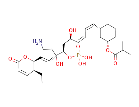 Molecular Structure of 159991-67-0 (Propanoic acid, 2-methyl-,
(1S,3R)-3-[(1Z,3Z,5R,7R,8R,9E)-8-(2-aminoethyl)-10-[(2S,3S)-3-ethyl-
3,6-dihydro-6-oxo-2H-pyran-2-yl]-5,8-dihydroxy-7-(phosphonooxy)-1,3,9
-decatrienyl]cyclohexyl ester)