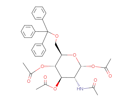 Molecular Structure of 10026-54-7 (1,3,4-tri-O-acetyl-2-(acetylamino)-2-deoxy-6-O-tritylhexopyranose)