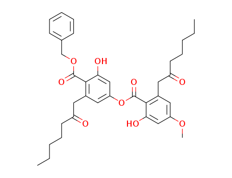 Molecular Structure of 112642-51-0 (Benzoic acid,
2-hydroxy-4-[[2-hydroxy-4-methoxy-6-(2-oxoheptyl)benzoyl]oxy]-6-(2-oxo
heptyl)-, phenylmethyl ester)