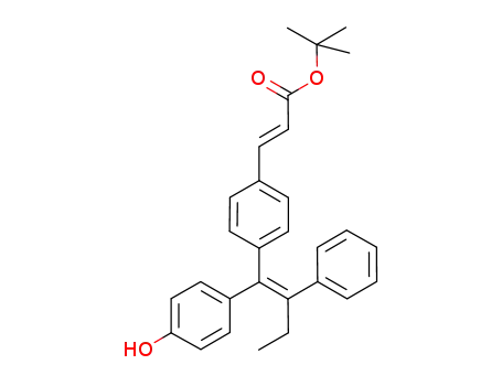 Molecular Structure of 850005-42-4 (2-Propenoic acid,
3-[4-[(1E)-1-(4-hydroxyphenyl)-2-phenyl-1-butenyl]phenyl]-,
1,1-dimethylethyl ester, (2E)-)