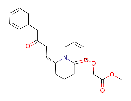 Molecular Structure of 802907-08-0 (Acetic acid,
[[(2Z)-4-[(6R)-2-oxo-6-(3-oxo-4-phenylbutyl)-1-piperidinyl]-2-butenyl]oxy]
-, methyl ester)