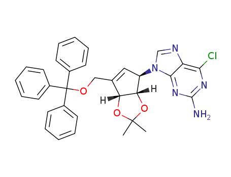Molecular Structure of 1449328-92-0 (6-chloro-9-((3aS,4R,6aR)-2,2-dimethyl-6-((trityloxy)methyl)-4,6a-dihydro-3aH-cyclopenta[d][1,3]dioxol-4-yl)-9H-purin-2-amine)