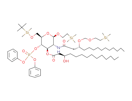 Molecular Structure of 125034-39-1 (2-(Trimethylsilyl)ethyl 6-O-tert-butyldimethylsilyl-2-deoxy-4-O-diphenoxyphosphinyl-3-O-<(3R)-3-hydroxytetradecanoyl>-2-<(3R)-3-<(2-trimethylsilylethoxy)methoxy>tetradecanamido>-β-D-glucopyranoside)
