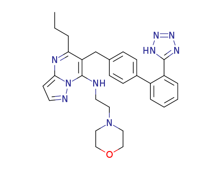 151327-04-7,N-(2-(4-Morpholinyl)ethyl)-5-propyl-6-((2'-(1H-tetrazol-5-yl)(1,1'- biphenyl)-4-yl)methyl) pyrazolo(1,5-a)pyrimidin-7-amine,Pyrazolo[1,5-a]pyrimidin-7-amine,N-[2-(4-morpholinyl)ethyl]-5-propyl-6-[[2'-(1H-tetrazol-5-yl)[1,1'-biphenyl]-4-yl]methyl]-(9CI)