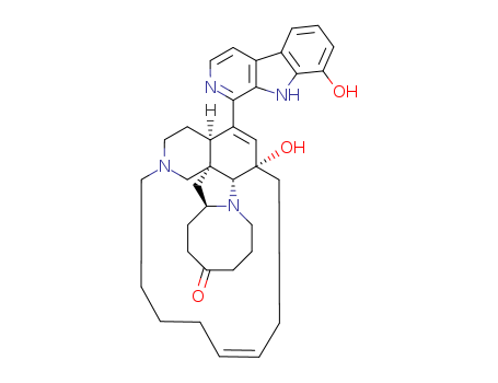 Molecular Structure of 107900-75-4 (1,13-Etheno-4,21a-methano-1H-azocino[1',2':1,5]pyrrolo[3,2-e]azacyclopentadecin-18(15H)-one,2,3,5,6,7,8,11,12,13,13a,16,17,19,20,20a,21-hexadecahydro-13-hydroxy-24-(8-hydroxy-9H-pyrido[3,4-b]indol-1-yl)-,(1R,9Z,13S,13aR,20aS,21aR)-)