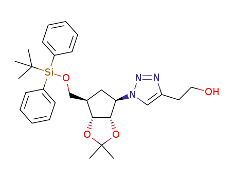 Molecular Structure of 1161113-46-7 ((1R,2S,3R,4R)-4-[(tert-butyldiphenylsilyloxy)methyl]-1-[4-(2-hydroxyethyl)-1H-1,2,3-triazol-1-yl]-2,3-isopropylidenedioxycyclopentane)