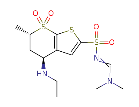 Molecular Structure of 1034583-83-9 (N'-[(4S,6S)-4-(ethylamino)-6-methyl-7,7-dioxo-4,5,6,7-tetrahydro-7λ<sup>6</sup>-thieno[2,3-b]thiopyran-2-sulfonyl]-N,N-dimethylmethanimidamide)