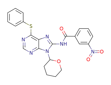 Molecular Structure of 1380333-91-4 (3-nitro-N-(6-(phenylthio)-9-(tetrahydro-2H-pyran-2-yl)-9H-purin-8-yl)benzamide)