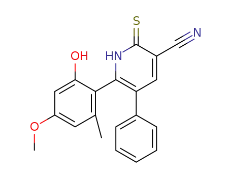 Molecular Structure of 1427272-62-5 (3-cyano-6-(4-methoxy-6-methyl-2-hydroxyphenyl)-5-phenylpyridine-2(1H)-thione)