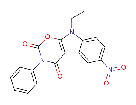 Molecular Structure of 142272-26-2 (1,3-Oxazino[6,5-b]indole-2,4(3H,9H)-dione, 9-ethyl-6-nitro-2-phenyl-)
