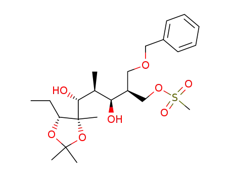 Molecular Structure of 114826-03-8 (Methanesulfonic acid (2S,3R,4S,5R)-2-benzyloxymethyl-5-((4S,5R)-5-ethyl-2,2,4-trimethyl-[1,3]dioxolan-4-yl)-3,5-dihydroxy-4-methyl-pentyl ester)