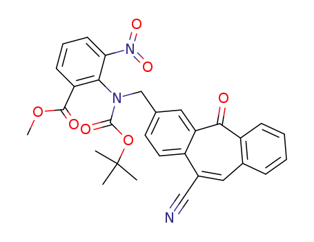 Molecular Structure of 169270-79-5 (methyl 2-<(tert-butoxycarbonyl)<(11-cyano-5-oxo-5H-dibenzo<a,d>cyclohepten-3-yl)methyl>amino>-3-nitrobenzoate)