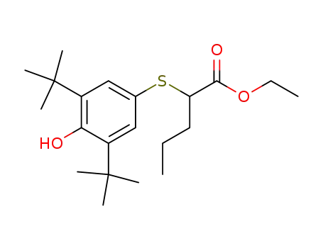 Molecular Structure of 53517-05-8 (Pentanoic acid, 2-[[3,5-bis(1,1-dimethylethyl)-4-hydroxyphenyl]thio]-,
ethyl ester)