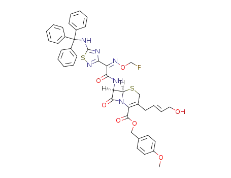 Molecular Structure of 162081-81-4 ((6R,7R)-7-{2-[(Z)-Fluoromethoxyimino]-2-[5-(trityl-amino)-[1,2,4]thiadiazol-3-yl]-acetylamino}-3-((E)-4-hydroxy-but-2-enyl)-8-oxo-5-thia-1-aza-bicyclo[4.2.0]oct-2-ene-2-carboxylic acid 4-methoxy-benzyl ester)