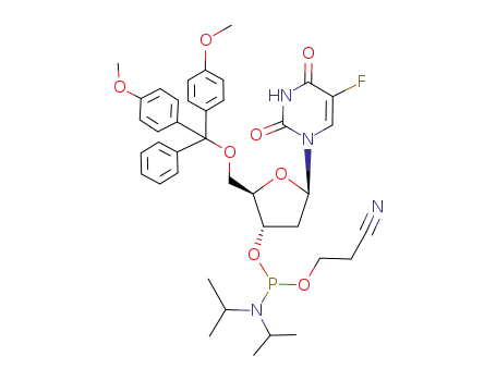Molecular Structure of 142246-63-7 (5'-O-(4,4'-DIMETHOXYTRITYL)-5-FLUORODEOXYURIDINE-3'-(2-CYANOETHYL-N,N-DIISOPROPYL)PHOSPHORAMIDITE)