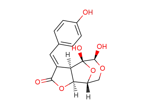 Molecular Structure of 91486-94-1 ((3E,3aR,4R,5S,8R,8aS)-4,5-dihydroxy-3-[(4-hydroxyphenyl)methylidene]hexahydro-4,8-epoxyfuro[2,3-d]oxepin-2(3H)-one)