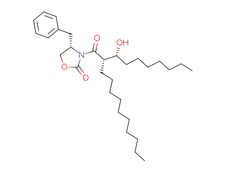Molecular Structure of 395072-66-9 (2-Oxazolidinone,
3-[(2S)-2-[(1R)-1-hydroxyoctyl]-1-oxododecyl]-4-(phenylmethyl)-, (4S)-)
