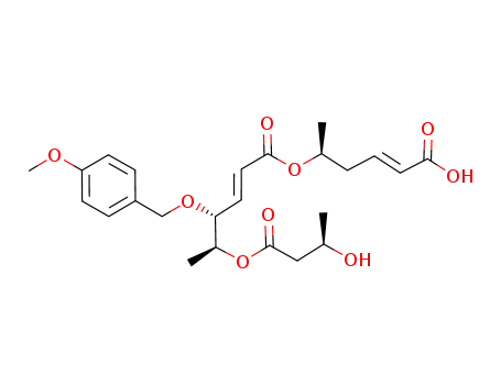 Molecular Structure of 634578-97-5 (2-Hexenoic acid,
5-[(3R)-3-hydroxy-1-oxobutoxy]-4-[(4-methoxyphenyl)methoxy]-,
(1S,3E)-4-carboxy-1-methyl-3-butenyl ester, (2E,4R,5S)-)