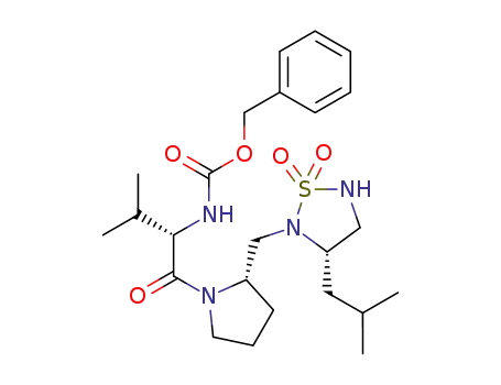 Molecular Structure of 686781-16-8 ({(S)-1-[(S)-2-((S)-3-Isobutyl-1,1-dioxo-1λ<sup>6</sup>-[1,2,5]thiadiazolidin-2-ylmethyl)-pyrrolidine-1-carbonyl]-2-methyl-propyl}-carbamic acid benzyl ester)