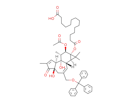 Molecular Structure of 561063-48-7 (Tetradecanedioic acid mono-((1aR,1bS,4aR,7aS,7bS,8R,9R,9aS)-9-acetoxy-4a,7b-dihydroxy-1,1,6,8-tetramethyl-5-oxo-3-trityloxymethyl-1,1a,1b,4,4a,5,7a,7b,8,9-decahydro-cyclopropa[3,4]benzo[1,2-e]azulen-9a-yl) ester)