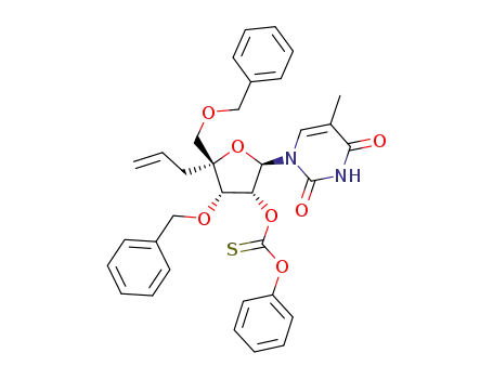 Molecular Structure of 945382-98-9 (1-[4-C-allyl-3,5-di-O-benzyl-2-O-phenoxythiocarbonyl-β-D-ribofuranosyl]-thymine)