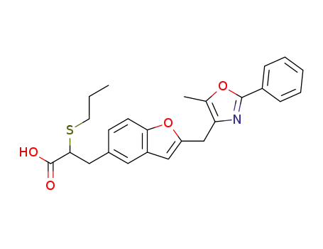 Molecular Structure of 150563-61-4 (3-(2-((5-methyl-2-phenyloxazol-4-yl)methyl)benzofuran-5-yl)-2-(propylsulfanyl)propionic acid)