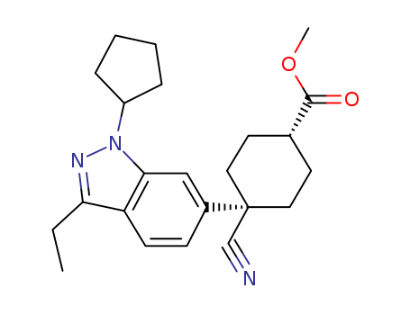 Molecular Structure of 199171-81-8 (Cyclohexanecarboxylic acid,
4-cyano-4-(1-cyclopentyl-3-ethyl-1H-indazol-6-yl)-, methyl ester, trans-)