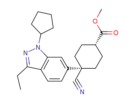 Molecular Structure of 199171-81-8 (Cyclohexanecarboxylic acid,
4-cyano-4-(1-cyclopentyl-3-ethyl-1H-indazol-6-yl)-, methyl ester, trans-)