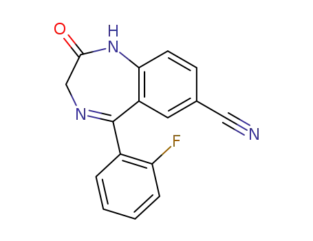 Molecular Structure of 846-58-2 (1H-1,4-Benzodiazepine-7-carbonitrile,
5-(2-fluorophenyl)-2,3-dihydro-2-oxo-)