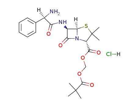 Molecular Structure of 26309-95-5 ((pivaloyloxy)methyl [2S-[2alpha,5alpha,6beta(S*)]]-6-(2-amino-2-phenylacetamido)-3,3-dimethyl-7-oxo-4-thia-1-azabicyclo[3.2.0]heptane-2-carboxylate monohydrochloride)