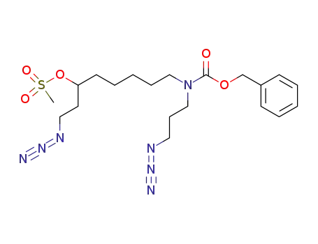 Molecular Structure of 120496-27-7 (Methanesulfonic acid 1-(2-azido-ethyl)-6-[(3-azido-propyl)-benzyloxycarbonyl-amino]-hexyl ester)